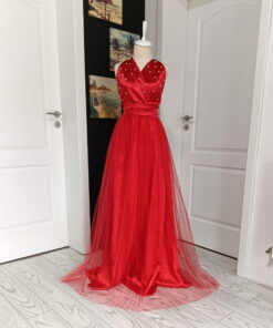Rochie Versatilă lungă din satin cu Perle si tulle RVPT02