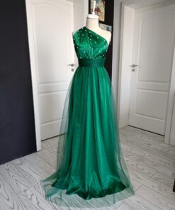 Rochie Versatilă lungă din satin cu tulle si perle cu bretele din tulle RVPBTT01