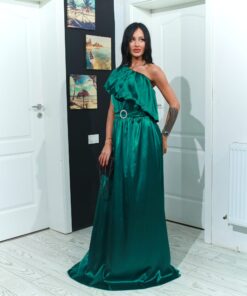 Rochie pe o parte lunga din satin cu volan si guta R20231
