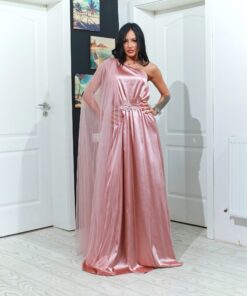 Rochie domnisoara de onoare lungă din satin cu o maneca din tulle Satin R20236
