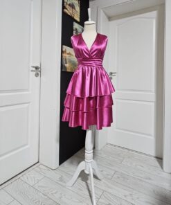 Rochie versatila scurta din satin cu 3 volane din satin 202410