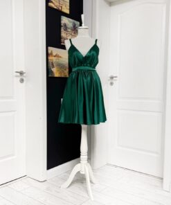 Rochie domnisoara de onoare scurta din satin cu bust petrecut, bretele subtiri 2024380