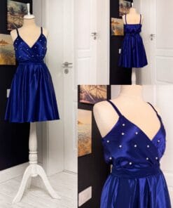 Rochie scurta din satin cu bretele subțiri și perle 202555U