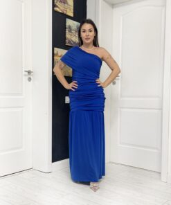 Rochie lungă albastru regal one-shoulder drapată