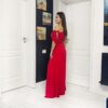 Rochie lungă roșie asimetrică cu fundă și cataramă la umeri