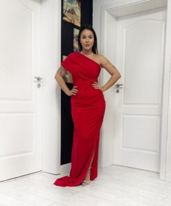 Rochie lungă roșie one-shoulder drapată