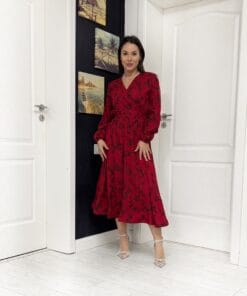 Rochie midi din vâscoză creponată cu bust petrecut și mâneci lungi crăpate 202613