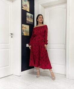 Rochie midi din vâscoză creponată cu bust petrecut și mâneci lungi crăpate 202621