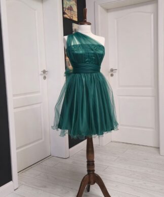 Rochie versatila scurta din satin cu bustul si spatele acoperit cu tulle si bretele din tulle 202629