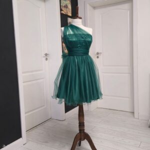 Rochie versatila scurta din satin cu bustul si spatele acoperit cu tulle si bretele din tulle 202629U