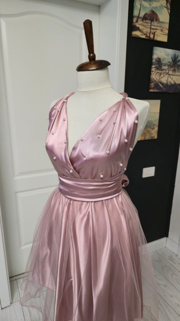 Rochie versatila scurta din satin si tulle cu perle 202630U